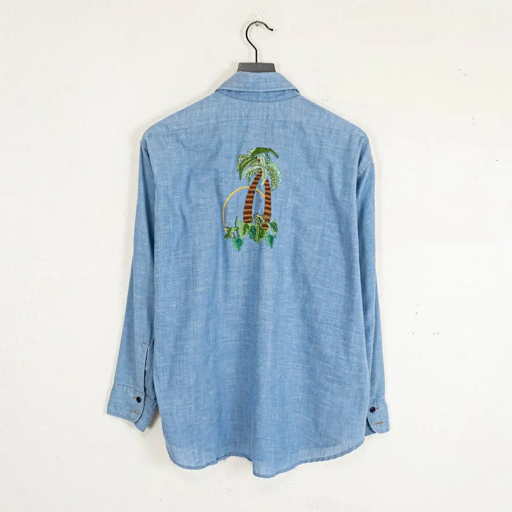 Vintage 70s Levi's Orange tab Embroidered Chambray Shirt blue sz XL